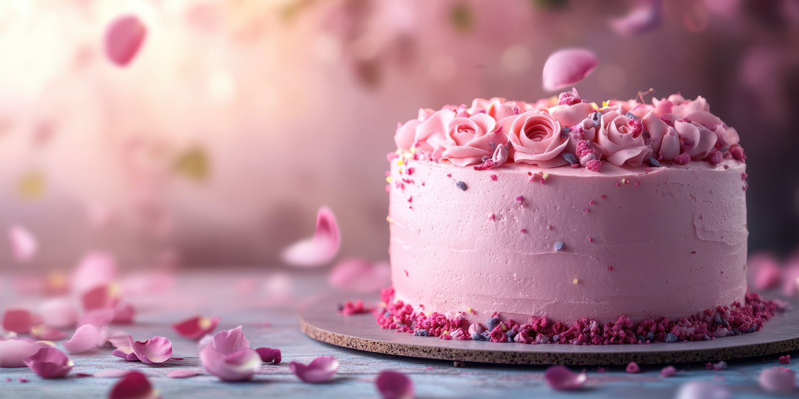 Beautiful pink cake decorated with rose petals and frosting in a soft light setting, ideal for celebrations